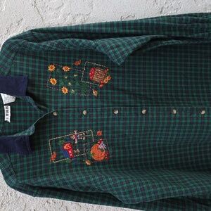 Vintage Embroidered Fall Harvest Thanksgiving Plaid Button Down Shirt
